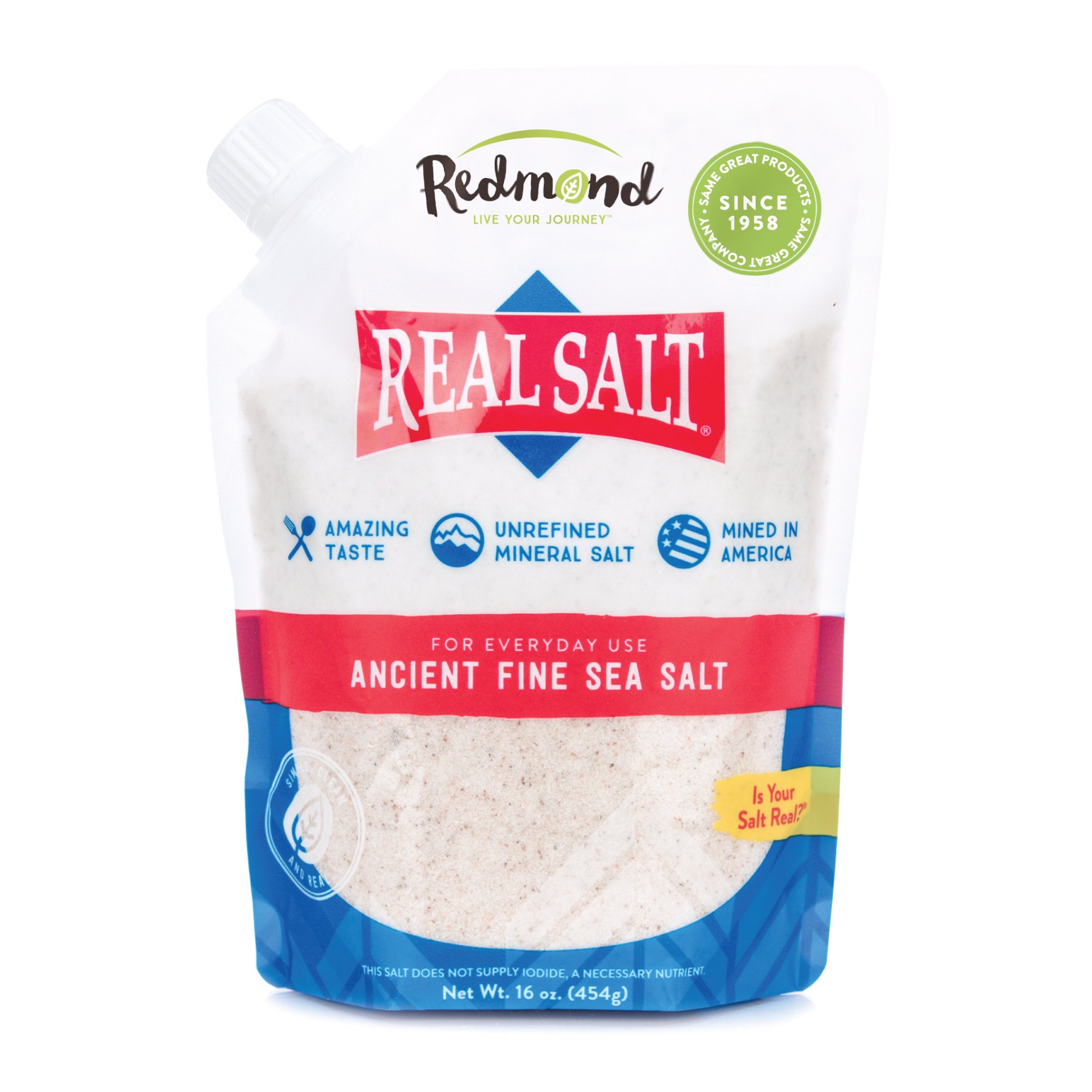 REDMOND Real Salt Fine Mineral Sea Salt, 2 Pack, 16oz Pouch